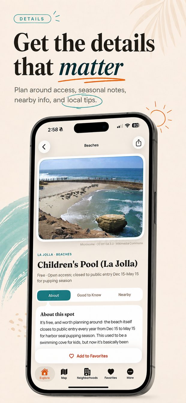 Detail page for Children's Pool in La Jolla with seasonal access notes